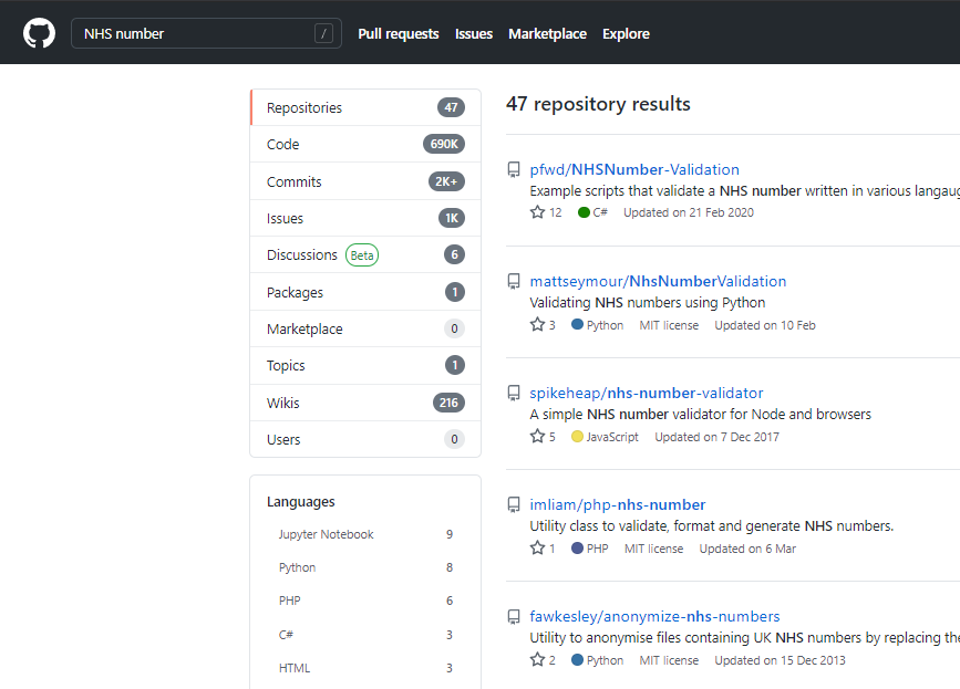 Screenshot of NHS Number search in all GitHub