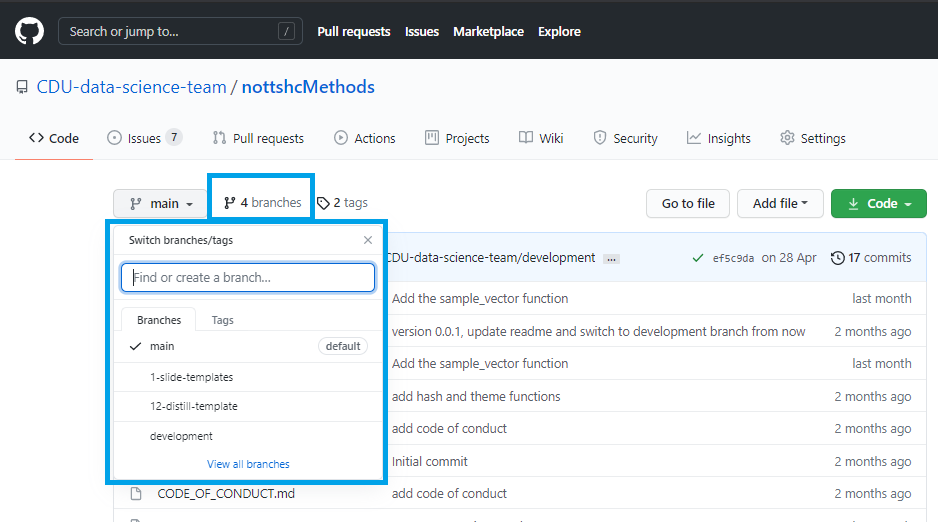 Screenshot with branches and the link highlighted