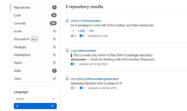 Screenshot of NHSNumber search in GitHub