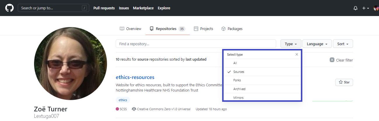 Image of the repository drop down
