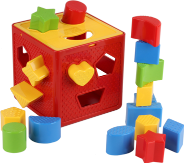 Photo of a child’s sorting toy with the sorting shapes stacked to the side of the sorting box