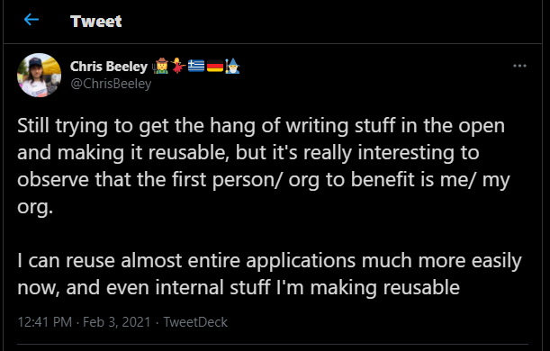 Tweet from Chris Beeley on working writing stuff in the open