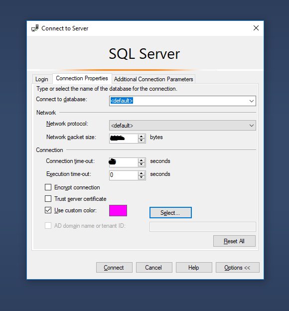 Screenshot of the menu for the SQL Server with a custom colour already selected