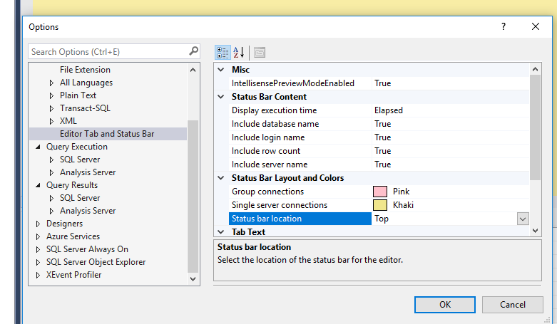 Screenshot showing the menu from Tools/Options/Text Editor/Editor Tab with the status bar location set to Top